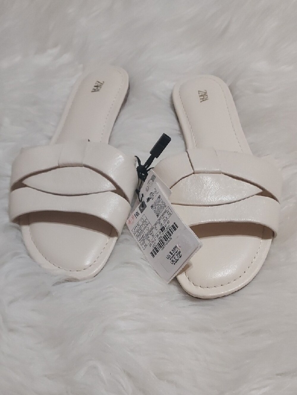 Zara Leather  Cream Crossed Straps Slide Sandals Sz-40/9 - Picture 6 of 8